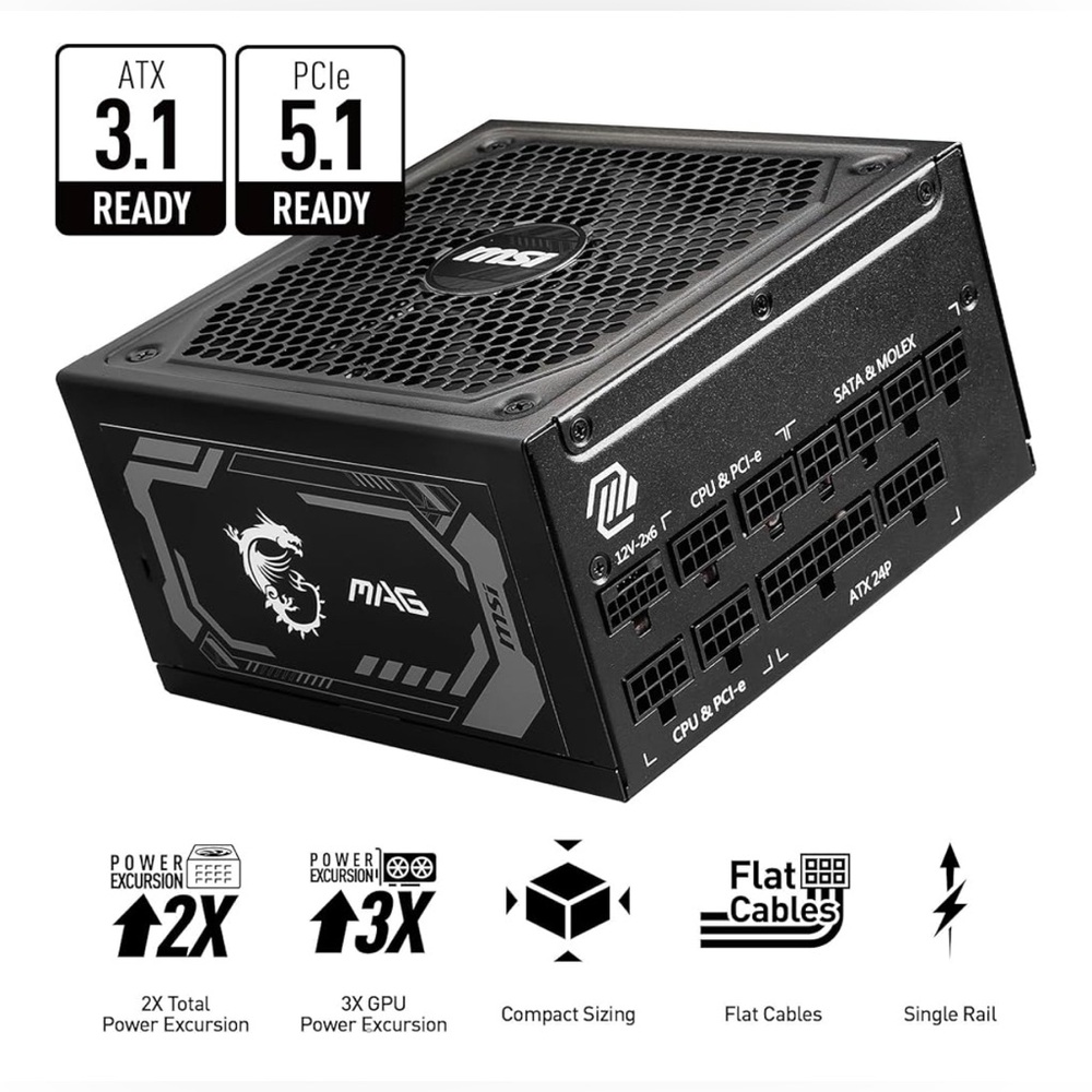 MSI MAG 1250GL PCIE 5 Gaming Power Supply - ATX 3.1 & PCIE 5.1 Ready